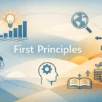 Minimalist abstract illustration representing First Principles thinking, with icons for growth, learning, decision-making, finance, and innovation.