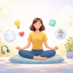 A clean, minimalist illustration of a woman meditating on a cushion, surrounded by soft floating icons like a lightbulb, heart, checklist, tea cup, headphones, and a plant, with gentle warm tones that create a calm and focused atmosphere.