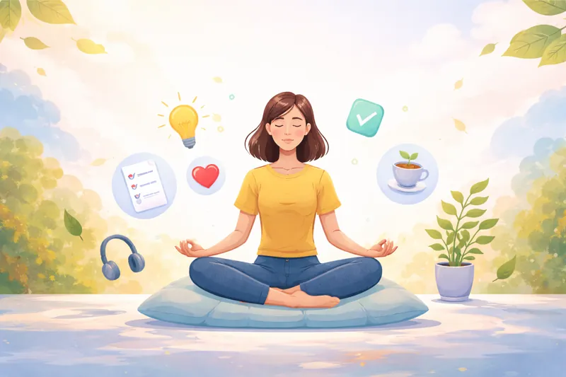 A clean, minimalist illustration of a woman meditating on a cushion, surrounded by soft floating icons like a lightbulb, heart, checklist, tea cup, headphones, and a plant, with gentle warm tones that create a calm and focused atmosphere.
