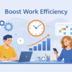 A clean, abstract 16:9 illustration for a WordPress featured image, showing people working with a laptop, clock, calendar, and upward chart, visually representing Work Efficiency and Time Management in a modern, minimalist productivity concept.