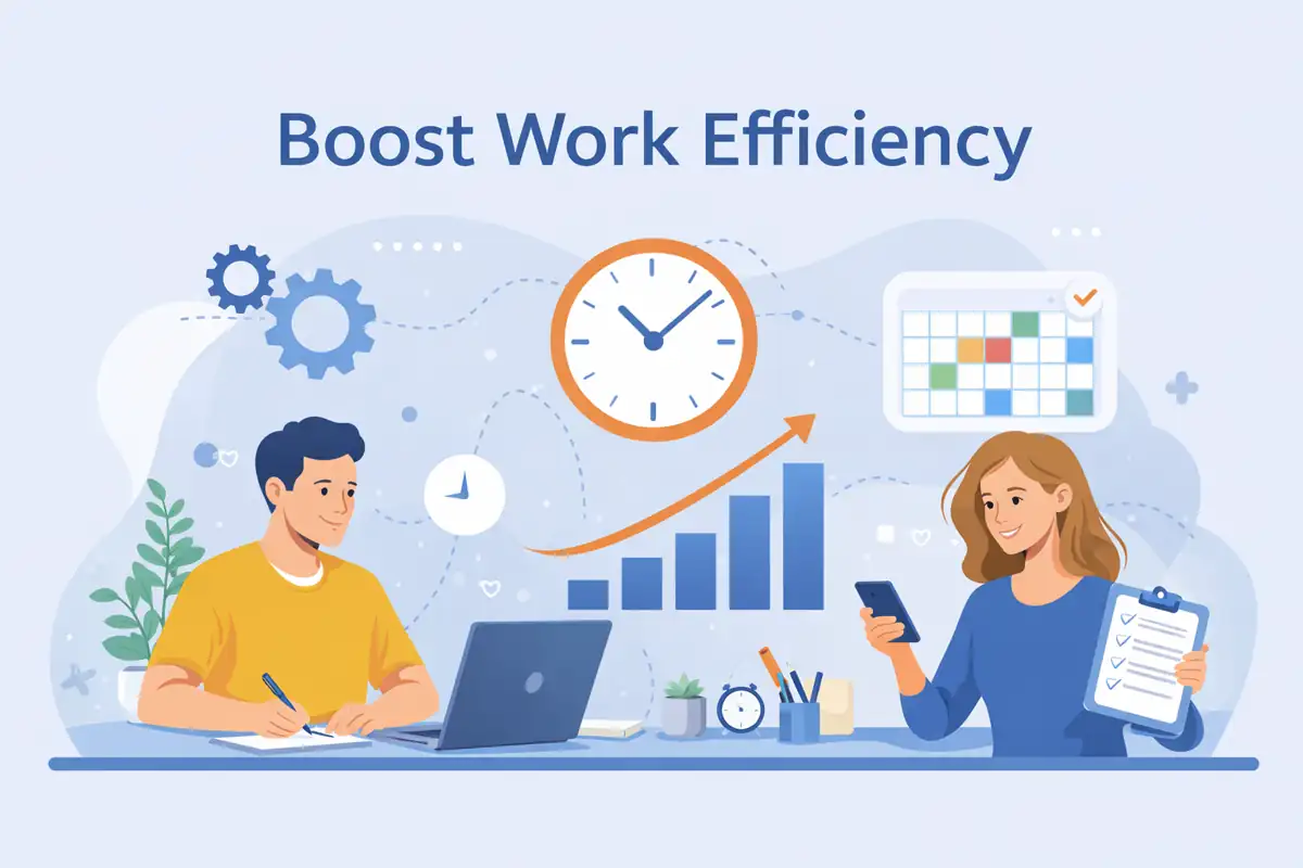 A clean, abstract 16:9 illustration for a WordPress featured image, showing people working with a laptop, clock, calendar, and upward chart, visually representing Work Efficiency and Time Management in a modern, minimalist productivity concept.