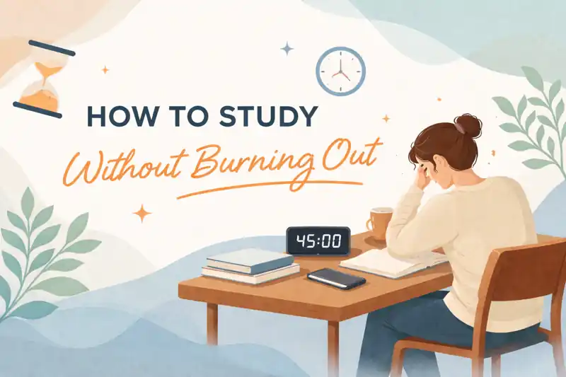A minimalistic study scene showing a person focused at a desk with books, a timer, and a cup of coffee, illustrating how to study without burning out.