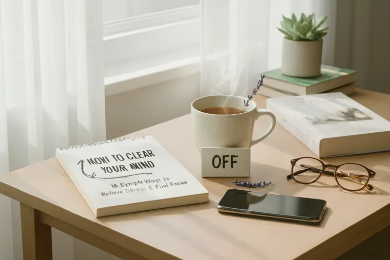 A serene desk setup with a notebook titled "How to Clear Your Mind," a steaming cup of tea, and a smartphone turned off, symbolizing stress relief and mental clarity.
