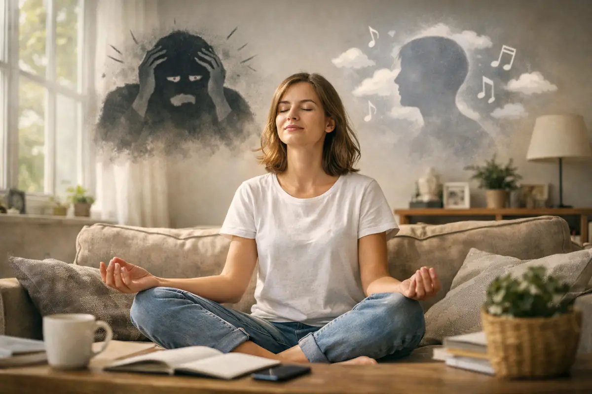 A woman sitting calmly on a sofa with eyes closed, observing her inner voice through mindfulness in a quiet living space, symbolizing thoughts, overthinking, and mental clarity.