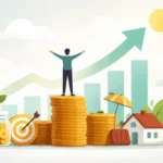 A realistic minimalist illustration symbolizing Financial Freedom, showing a person standing calmly on stacked coins with soft natural light, subtle growth elements, and a simple, balanced composition representing sustainable wealth and independence.