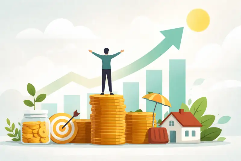 A realistic minimalist illustration symbolizing Financial Freedom, showing a person standing calmly on stacked coins with soft natural light, subtle growth elements, and a simple, balanced composition representing sustainable wealth and independence.