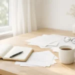 Bright wooden desk by a sunlit window with an open notebook, pen, scattered papers, and a coffee mug — calm, airy atmosphere for thoughtful work.