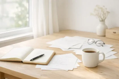 Bright wooden desk by a sunlit window with an open notebook, pen, scattered papers, and a coffee mug — calm, airy atmosphere for thoughtful work.